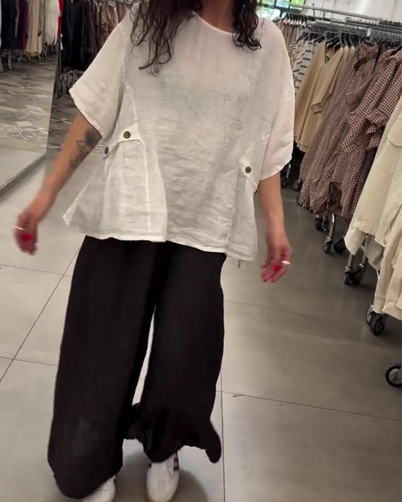 Crewneck Side Button Loose Fit Blouse