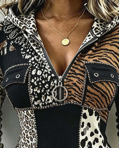 Leopard Patchwork Half Zip Hooded Top