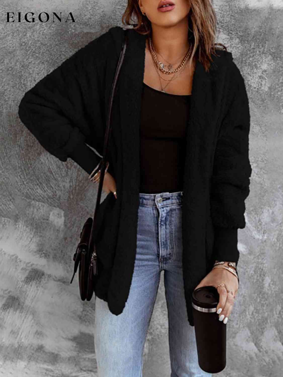 Open Front Hooded Faux Fur Outwear with Pockets Black clothes Ship From Overseas Y@S@M