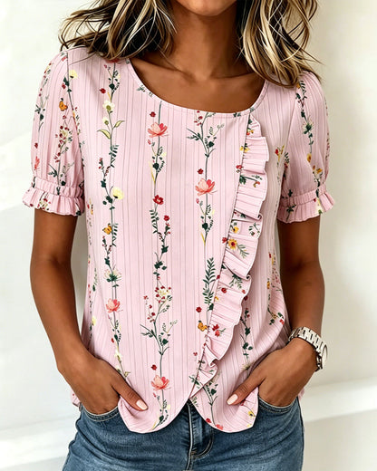 Ruffle Floral Print Puff Sleeve Blouse