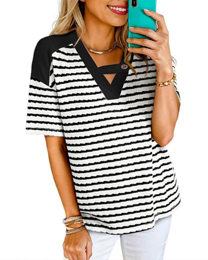 Hollow Out Striped Short Sleeve T-Shirt