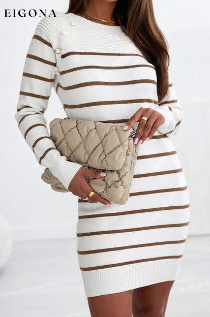 Striped Round Neck Long Sleeve Sweater Dress Cream casual dresses clothes dress dresses long sleeve dress long sleeve dresses Ship From Overseas short dress short dresses SYNZ