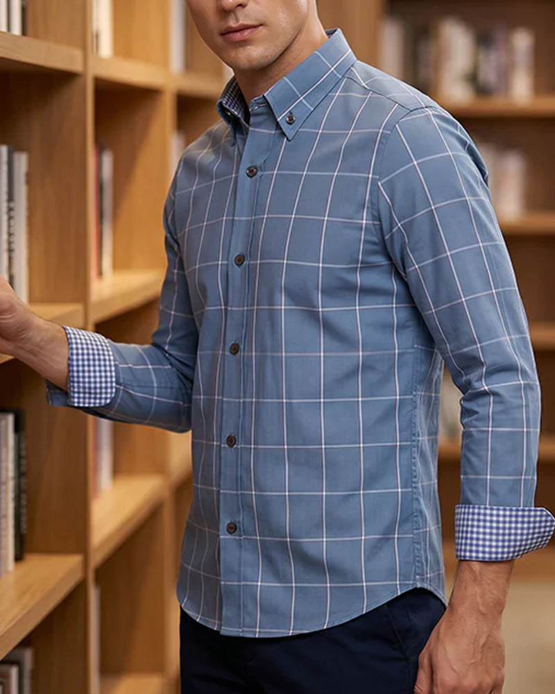 Blue and White Check Lapel Long Sleeve Shirt