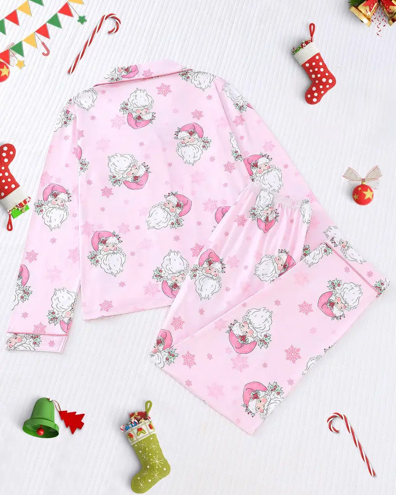 Christmas santa print long sleeve buttons lapel pajama set 2024 f/w christmas two-piece sets