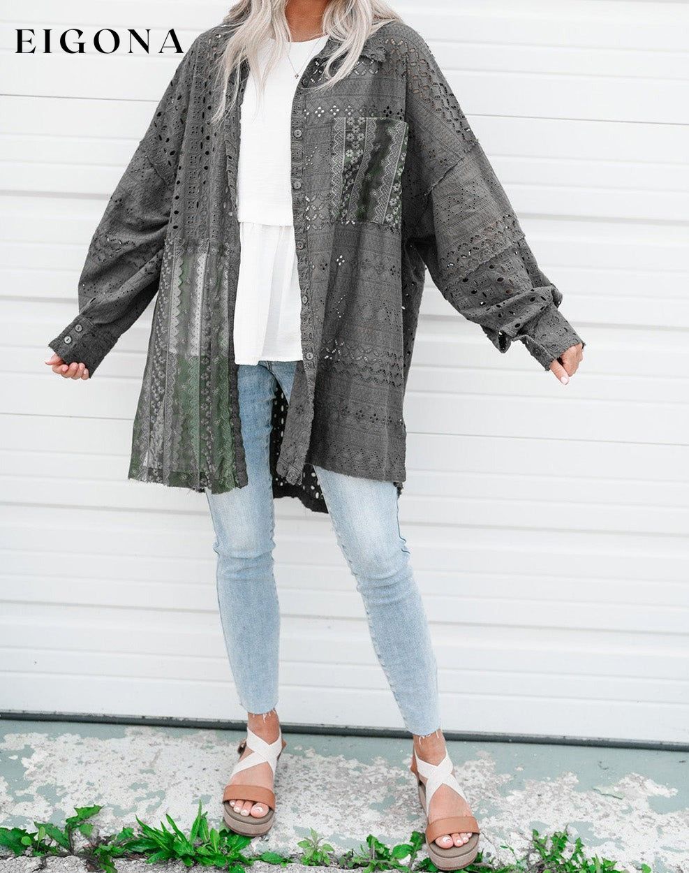 Duffel Green Eyelet Pattern Patchwork Oversized Button Up Shacket All In Stock clothes Craft Embroidery long sleeve shirt long sleeve shirts long sleeve top long sleeve tops Outerwear Print Solid Color Season Fall & Autumn shirt shirts Style Western top tops