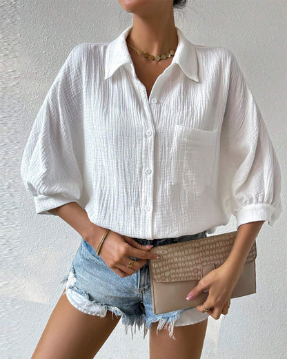 Solid Color Lapel Pleated Lantern Sleeve Shirt