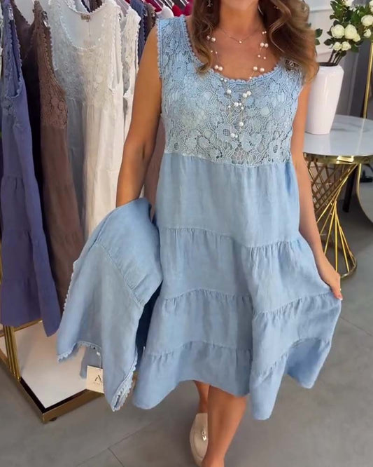 Crew Neck Sleeveless Lace Tiered Dress casual dresses spring summer