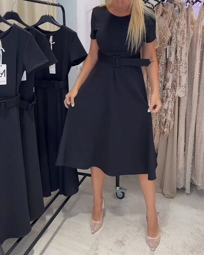 Round Neck Short Sleeve Waist-Defined A-Line Dress