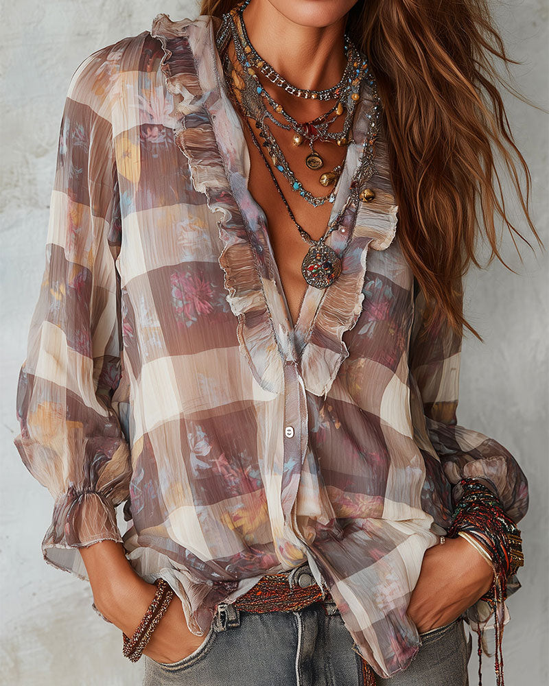 Plaid Ruffle Design Shirt