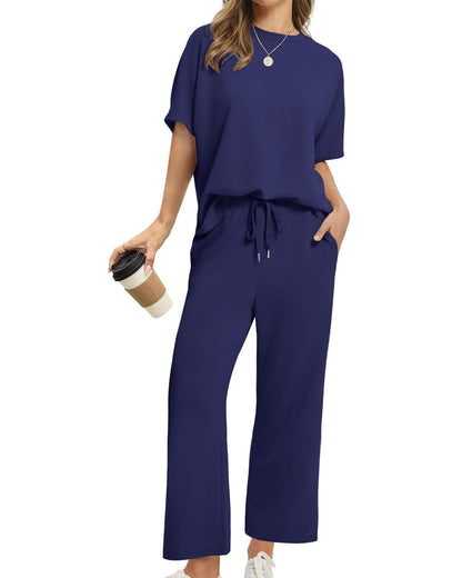 Solid Color Crew Neck Short-Sleeved Suit