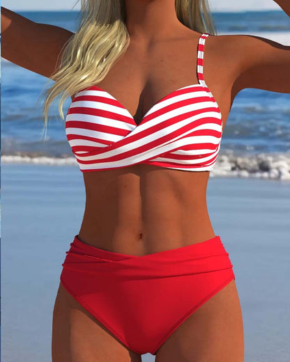 Color Block Stripe Cross Bikini