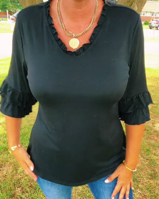 Ruffle V-Neck Three-Quarter Sleeve Top blouses & shirts spring summer