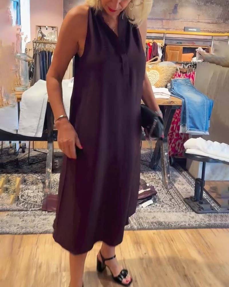 Casual solid color sleeveless V-neck pockets dress 202466 casual dresses summer
