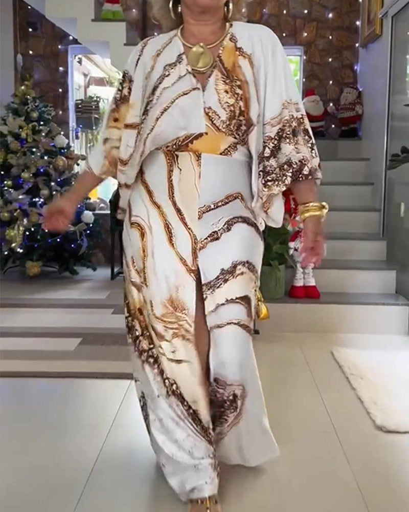 Long-Sleeved V-Neck Slit Printed Dress