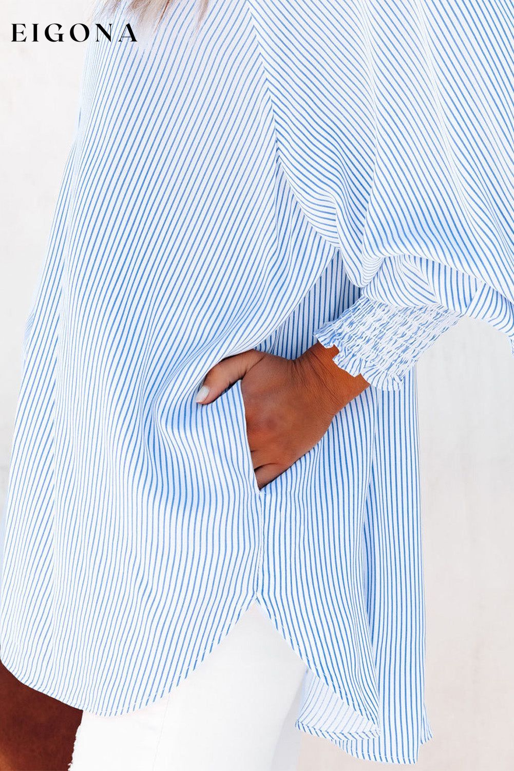 Sky Blue Smocked Cuffed Striped Boyfriend Shirt with Pocket All In Stock Best Sellers clothes Craft Smocked Early Fall Collection long sleeve shirt long sleeve shirts long sleeve top long sleeve tops Occasion Daily Print Stripe Season Spring shirt shirts Sleeve Puff sleeve Stripe tops Style Modern top tops