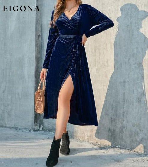 Tie Front Long Sleeve Slit Dress A@Y@Y clothes Ship From Overseas