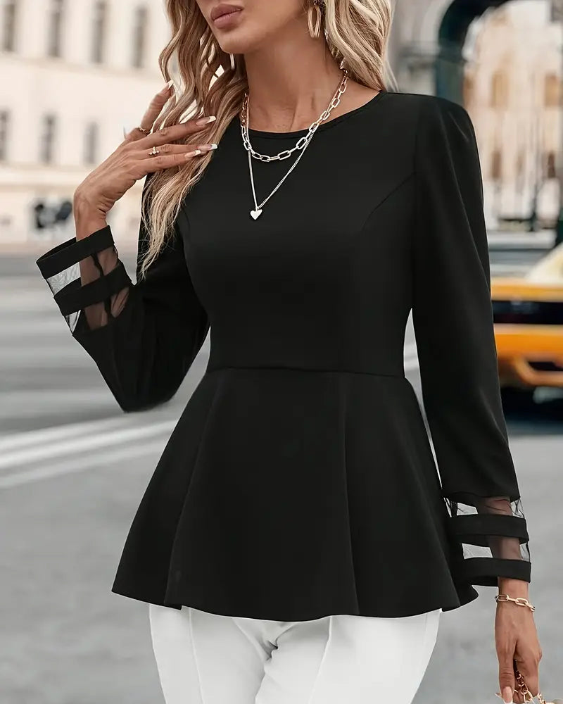 Puff Sleeve Solid Splicing Mesh Long Sleeve Top
