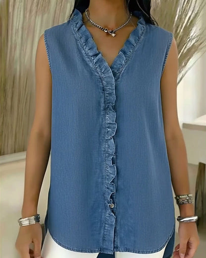 Ruffle V-Neck Sleeveless Denim Tank Top