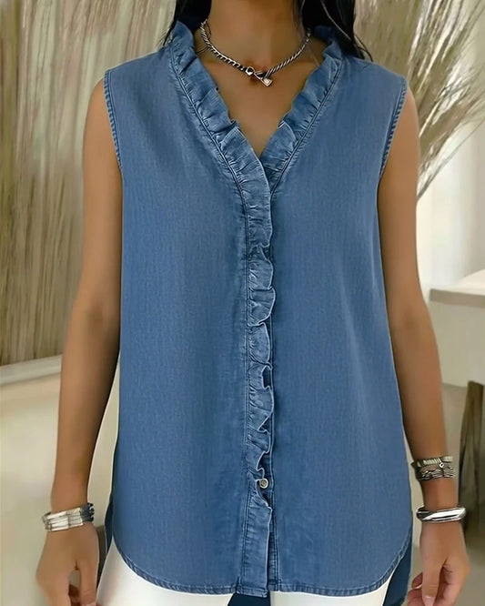 Ruffle V-Neck Sleeveless Denim Tank Top