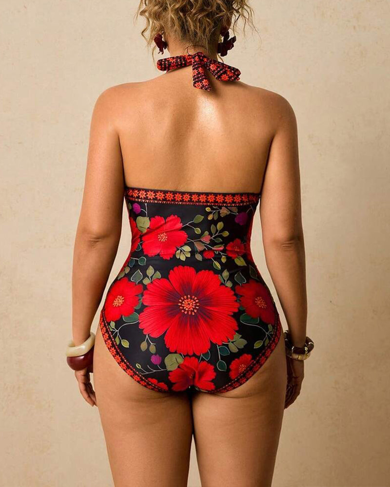 Retro Floral Halter Neck Onesie Swimsuit