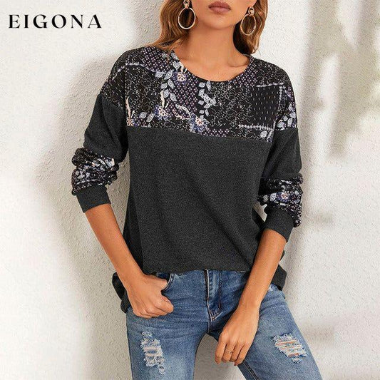 Floral Print Patchwork T-Shirt Dark Gray best Best Sellings clothes Plus Size Sale tops Topseller