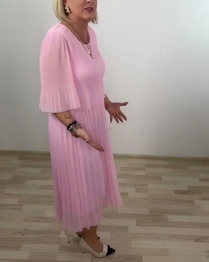 Pleated Mid-Sleeve Dress