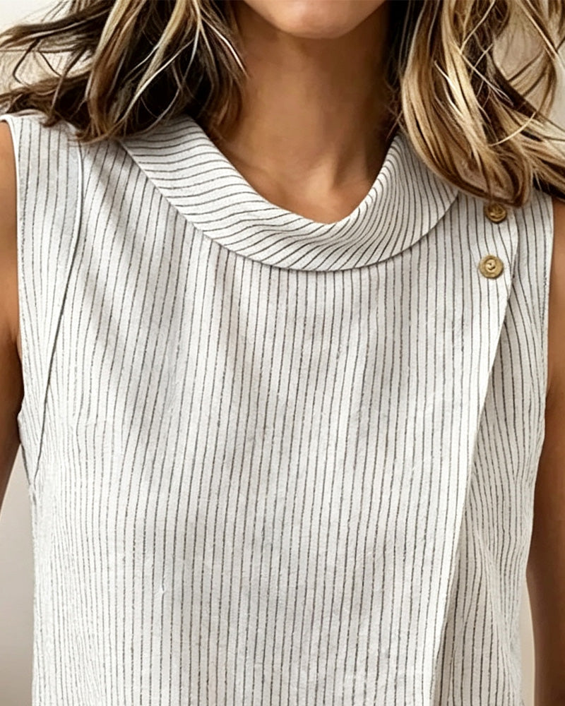 Striped Sleeveless Mock Neck Blouse