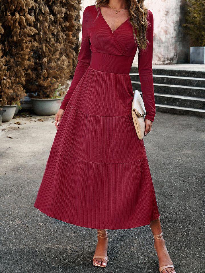 Surplice Neck Long Sleeve Smocked Waist Midi Dress clothes DY Ship From Overseas trend