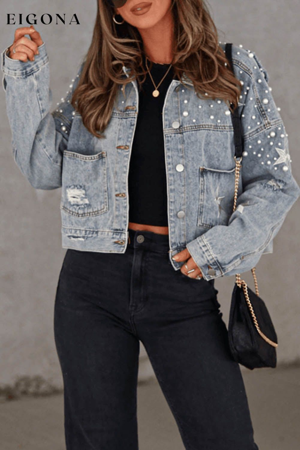 Sky Blue Distressed Pearls Star Cropped Denim Jacket Sky Blue 85%Cotton+15%Polyester All In Stock Category Shacket clothes Color Blue Craft Bead Craft Distressed Fabric Denim Occasion Daily Print Solid Color Season Fall & Autumn Style Western