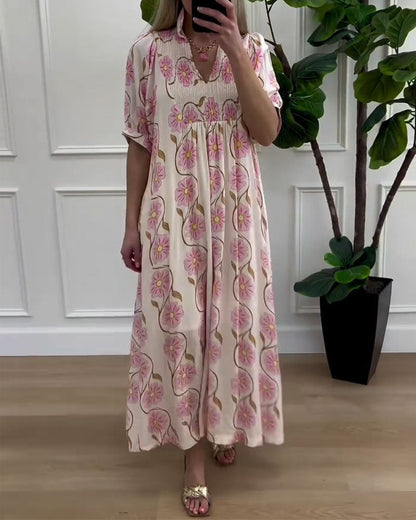 V-Neck Puff Sleeve Loose A-Line Dress