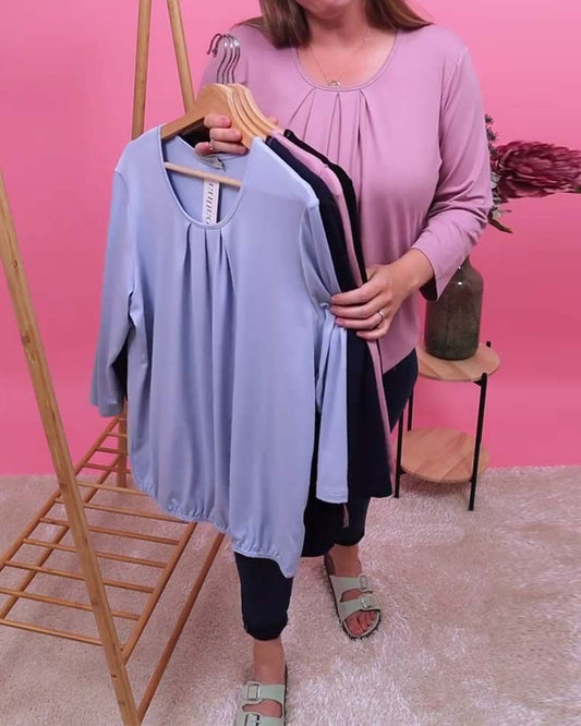 Crew Neck Pleated 3/4-Sleeve Top blouses & shirts spring summer