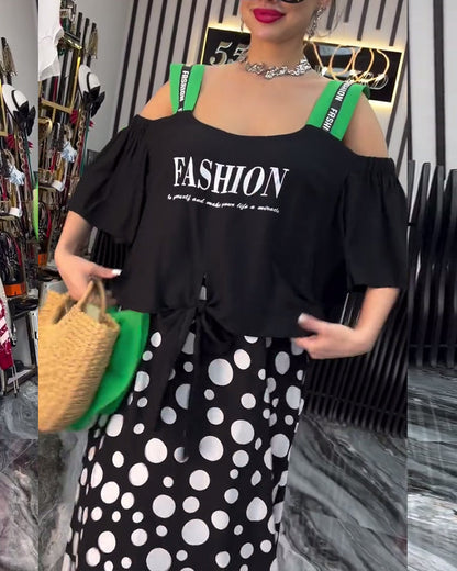 Abito casual patchwork a pois con bretelle