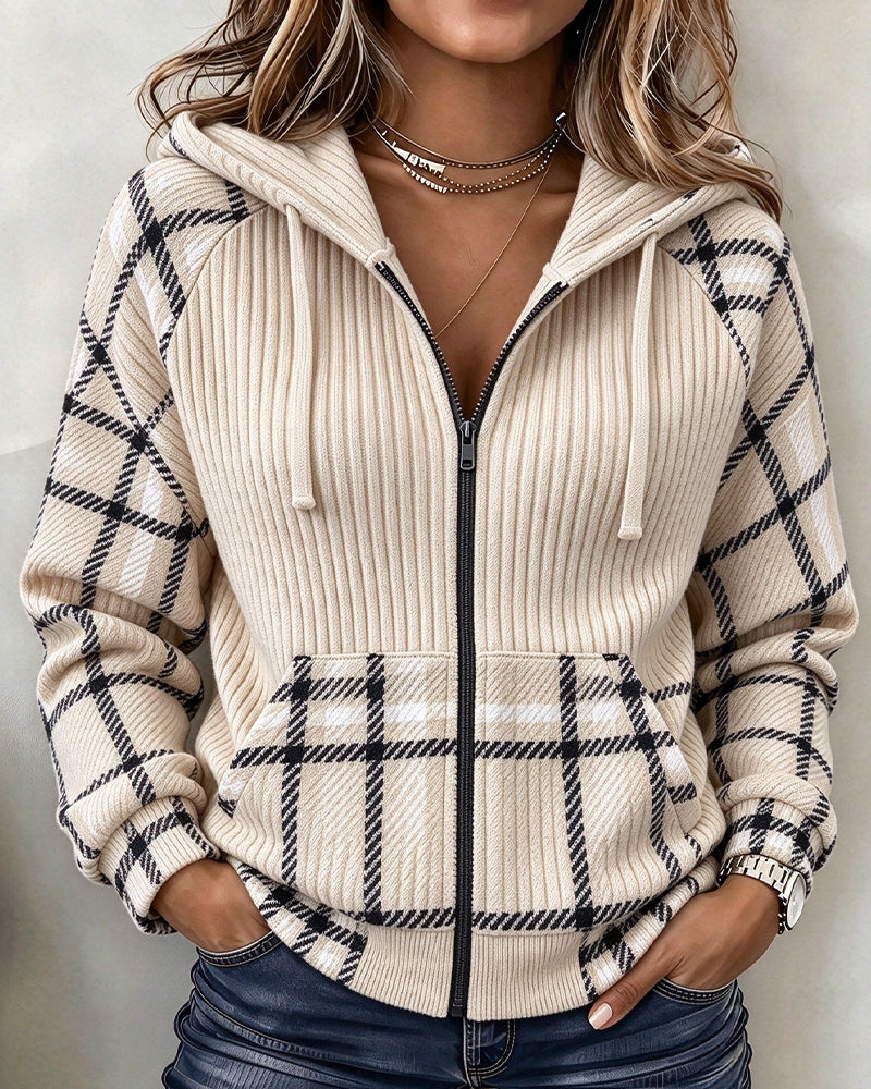 Zippered Plaid Drawstring Hooded Coat 2025 f/w coats spring