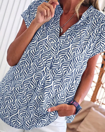 Stand Collar Leaf Print Short Sleeve Blouse