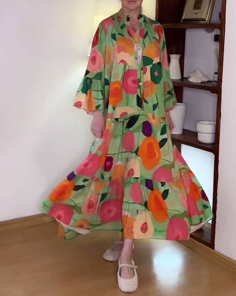 Colorful floral print bell sleeve patchwork dress casual dresses spring summer vacation dresses