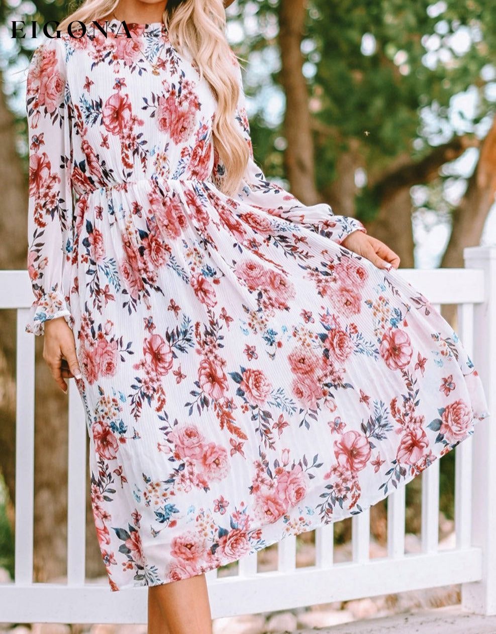 Beige Floral Print Puffy Sleeve Ruffled Midi Dress Beige 100%Polyester All In Stock clothes Color Pink DL Chill Out DL Exclusive dress dresses long dress long dresses Occasion Vacation Print Floral Season Spring Sleeve Puff sleeve Style Bohemian