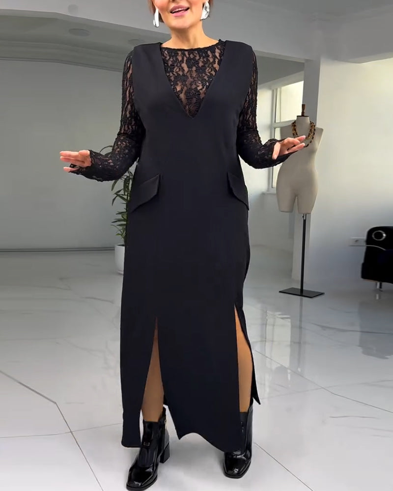 European And American Lace Stitching Slit Dress 2024 f/w casual dresses