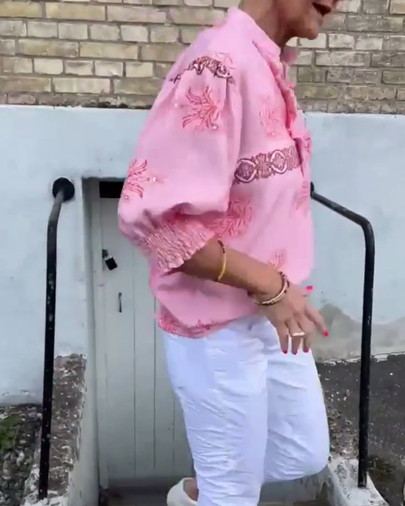 Lace Long-Sleeved Printed Blouse