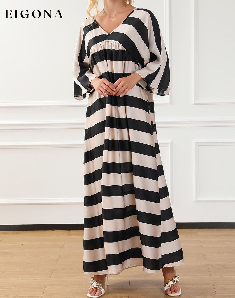 Black V Neck Kimono Sleeve Striped Maxi Dress All In Stock clothes Occasion Daily Print Color Block Season Spring Silhouette A-Line Style Casual