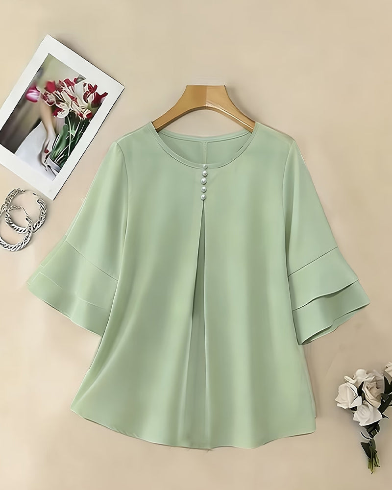 Crewneck Faux Pearl Button Ruffle Blouse
