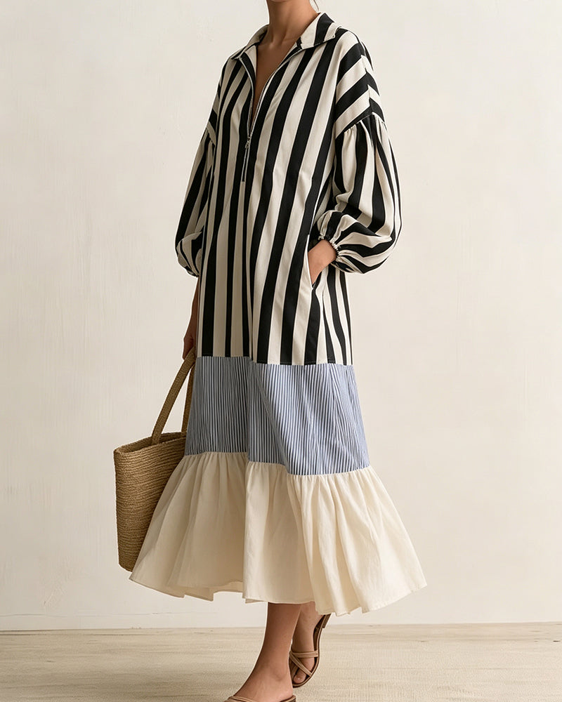 Lapel Zipper Striped Color-Block Tiered Dress