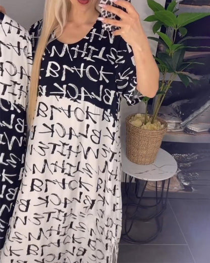 Abito a trapezio con stampa a contrasto e scritte