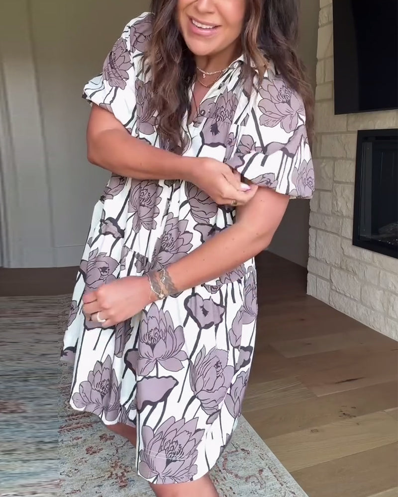 Puff Sleeve Floral Print Casual Dress