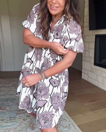 Puff Sleeve Floral Print Casual Dress