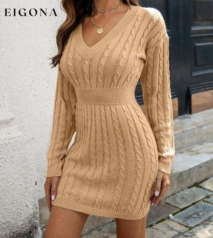 Cable-Knit V-Neck Long Sleeve Mini Sweater Dress Camel clothes M.Y.C Ship From Overseas