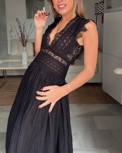 Lace Deep V Halter Long Dress