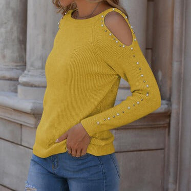 Pearl Patchwork Cold Shoulder Sweater