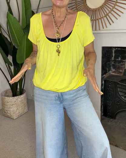 Round-Neck Loose Pleated T-Shirt