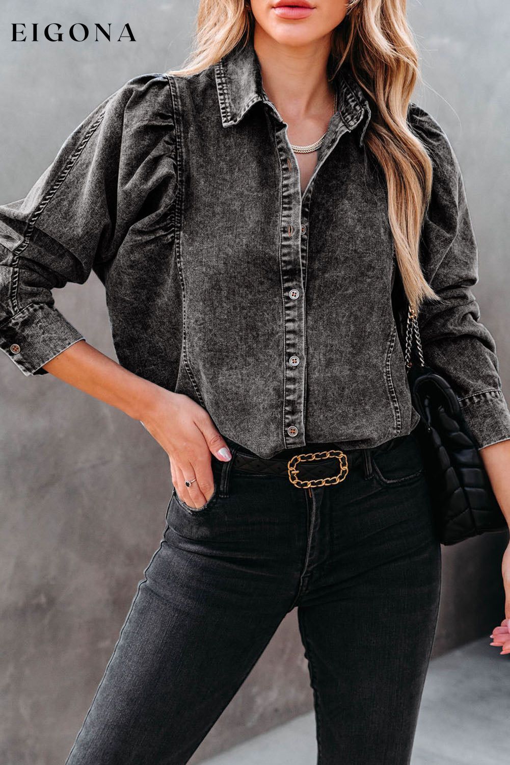 Black Puff Sleeve Button-Up Denim Jacket Black 82%Cotton+10%Polyester+8%Viscose clothes Fabric Denim long sleeve shirt long sleeve shirts long sleeve top long sleeve tops Occasion Daily Print Solid Color Season Fall & Autumn shirt shirts Style Elegant top tops