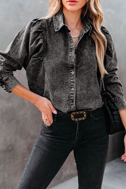 Black Puff Sleeve Button-Up Denim Jacket Black 82%Cotton+10%Polyester+8%Viscose clothes Fabric Denim long sleeve shirt long sleeve shirts long sleeve top long sleeve tops Occasion Daily Print Solid Color Season Fall & Autumn shirt shirts Style Elegant top tops